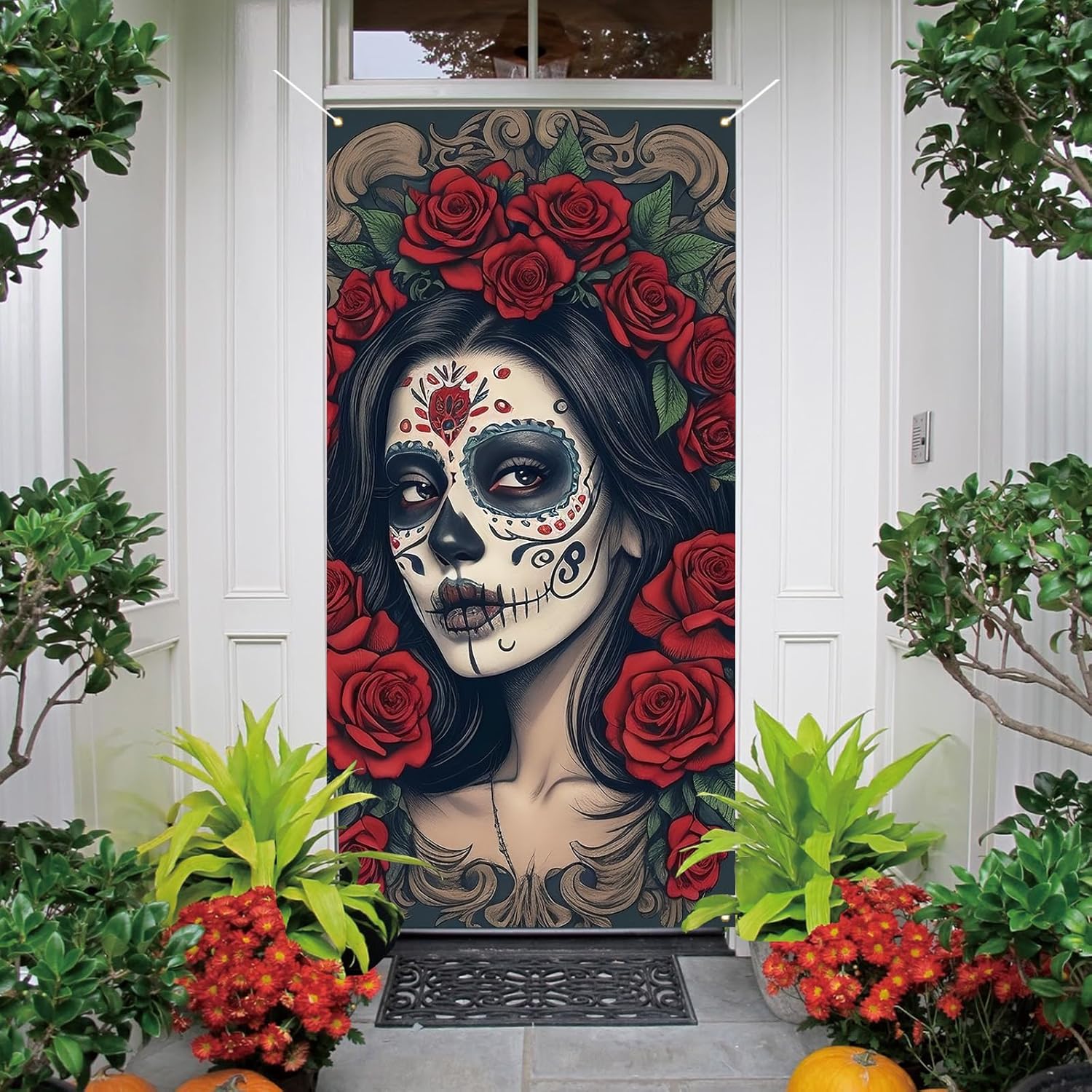 Dia De Los Muertos Door Cover Day of The Dead Porch Sign Banner Gothic Halloween Sugar Skull Marigold Flowers Decorations and Supplies for Home - Image 4