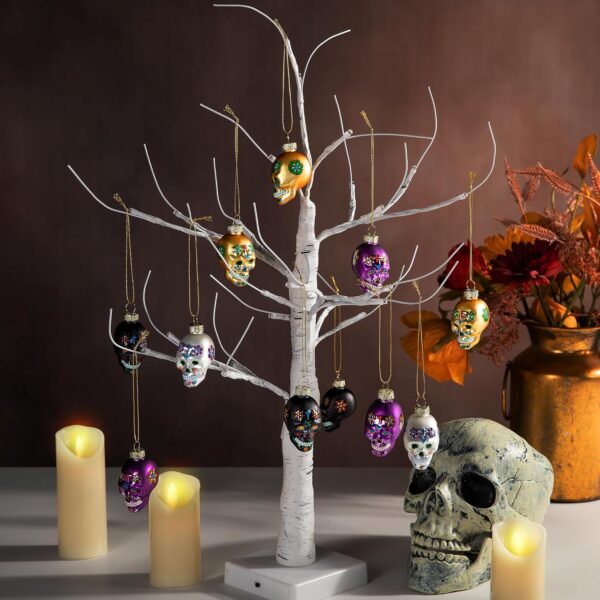 12 Pcs Day of The Dead Glass Ornaments- Dia De Los Muertos Sugar Skull Decorations- Halloween Hanging Skeleton Head Ornaments for Parties Xmas Tree Decoration - Image 4