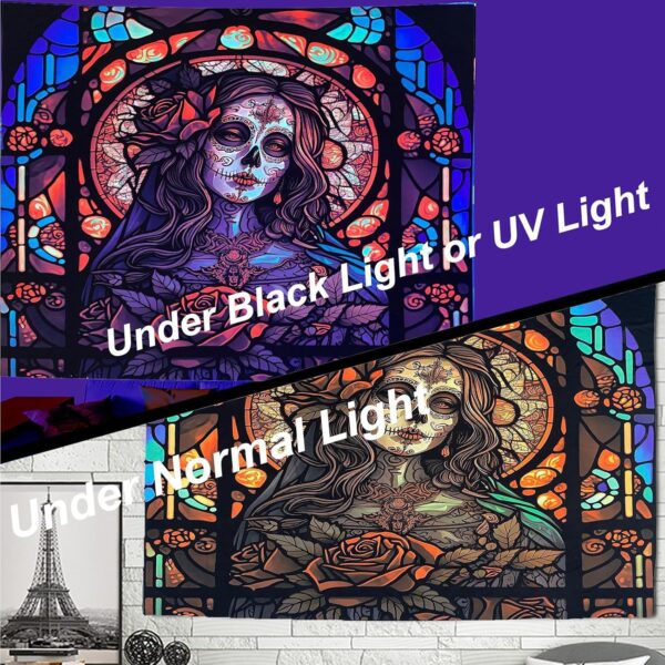 RILACON Day of The Dead Black Light Reactive Tapestry Rose Suger Skull Wall Hanging Tapestry Glow in the Dark Church Skeleton Poster Trippy Wall Art Decor for Bedroom Living Room - Image 5