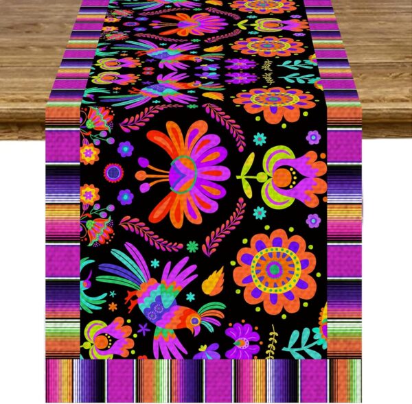 Mexican Fiesta Table Runner Cinco de Mayo Floral Linen Dia De Los Muertos Table Runner for Day of The Dead Altar Muertos Dinning Table Party Decoration Kitchen Supply (13 x 72In)