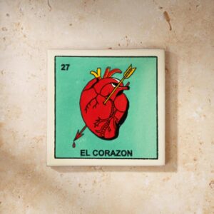 Loteria Mexican Bingo Game Ceramic Tile Coasters, Talavera Handpainted Mexico Art, Dia De Los Muertos Skeleton, Devil, Skull Designs, Kitchen Decor, Drink Coasters (El Corazon - The Heart)