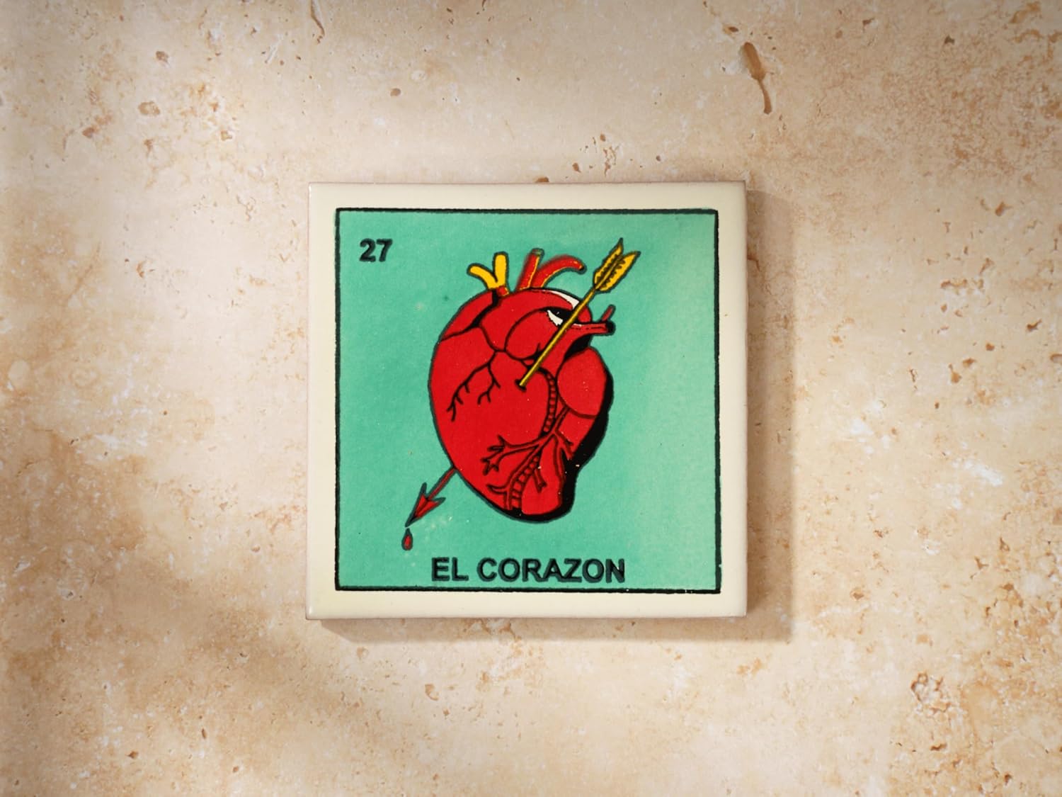 Loteria Mexican Bingo Game Ceramic Tile Coasters, Talavera Handpainted Mexico Art, Dia De Los Muertos Skeleton, Devil, Skull Designs, Kitchen Decor, Drink Coasters (El Corazon - The Heart)