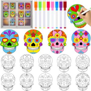 Qyeahkj 30 Set Day of The Dead Arts Crafts for Kids Skull Suncatchers Craft Kit Dia De Los Muertos DIY Coloring Craft Window Cling Sticker with Markers Party Gift for Home Classroom Decor for Kids
