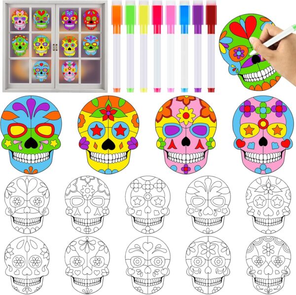 Qyeahkj 30 Set Day of The Dead Arts Crafts for Kids Skull Suncatchers Craft Kit Dia De Los Muertos DIY Coloring Craft Window Cling Sticker with Markers Party Gift for Home Classroom Decor for Kids