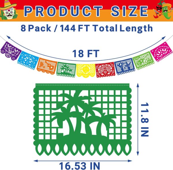 144FT Cinco De Mayo Party Decorations, 8 Pack Fiesta Banner with 9 Plastic Papel Picado, Colorful Mexican Theme Party Flag Banner Dia De Los Muertos Day of the Dead Hanging Decor Home Party Supplies - Image 2