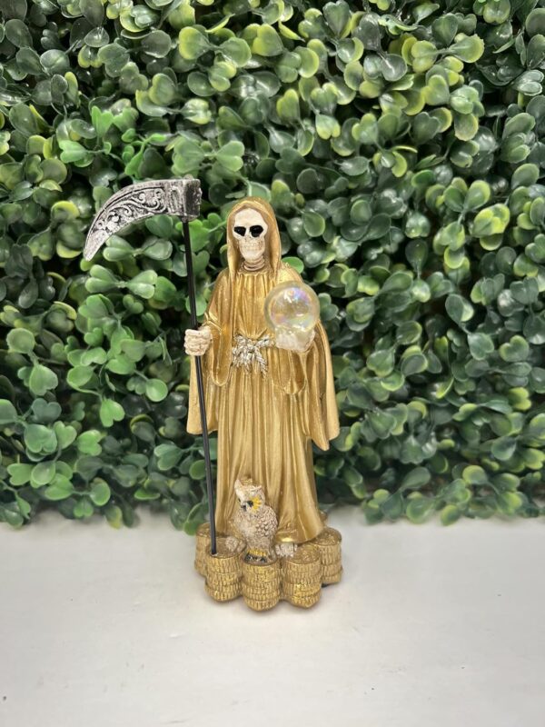 Santa Muerte Holding Scythe in Gold Robe Statue 5.5" Inch Skull,Skeleton - Image 2