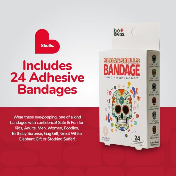 BioSwiss Bandages, Sugar Skull Shaped Self Adhesive Bandage, Latex Free Sterile Wound Care, Fun First Aid Kit Supplies for Kids, 24 Count - Image 2