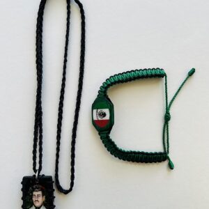 Escapulario Negro Tejido de Hilo de Jesús Malverde y Pulcera Tejida de Hilo con La bandera de Mexico