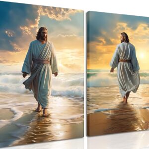 Framed Jesus Wall Art Set of 2 Jesus Walking on the Beach Canvas Christian Religious Canvas Wall Decoration, Christ Picture Prints God Faith Poster Artwork Christian Home Bedroom Decoration 12x16 In