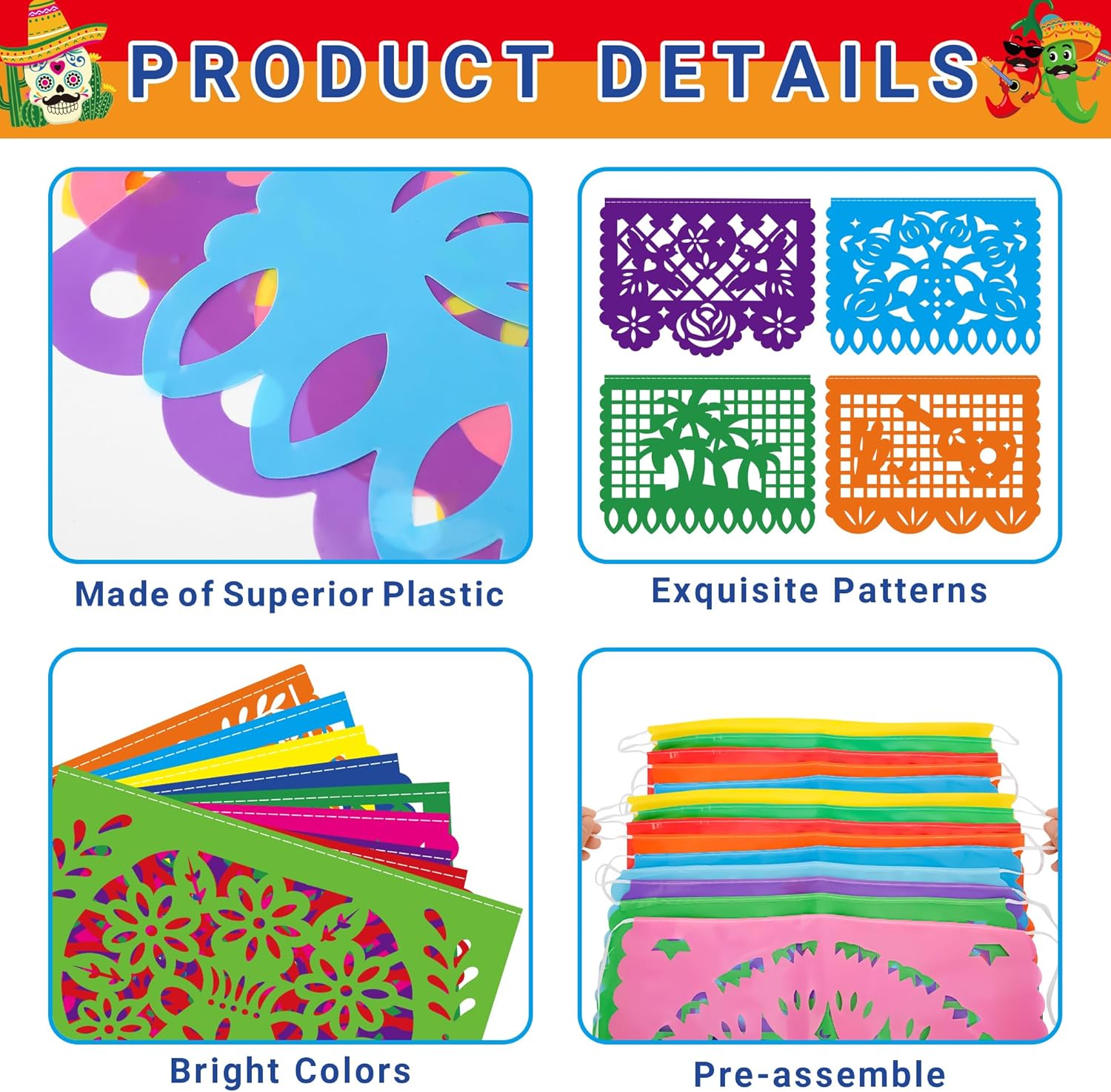 36 FT Cinco De Mayo Decorations, 2 Pack Mexican Party Banner, Plastic Fiesta Banner Colorful Papel Picado Hanging Banner String Flags Mexican Theme Party Dia De Los Muertos Day of the Dead Decor - Image 3