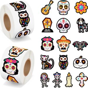 BeYumi Sugar Skull Roll Stickers - 1000Pcs Day of The Dead Stickers in 2 Rolls Dia de Los Muertos Sugar Skull Decals for Kids Halloween Mexican Festival Party Supplies Classroom Guitar Bottle Decor