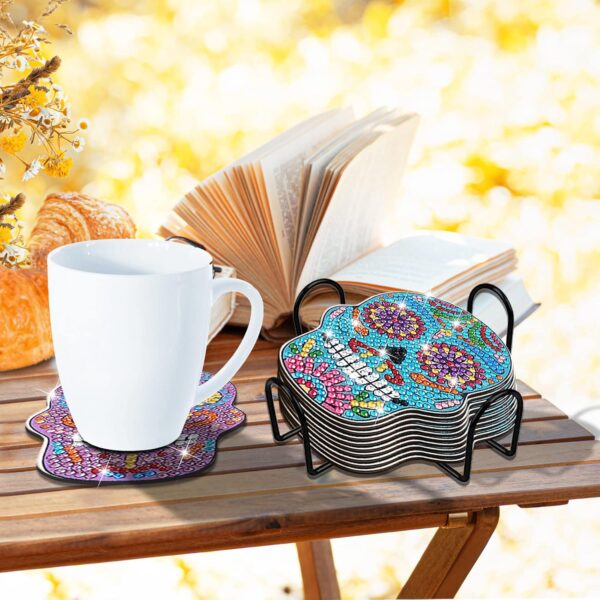 YLOLUL 10 Pcs Skull Shaped Diamond Painting Coasters Kits DIY Skull Diamond Painting Coasters with Holder Skull Diamond Painting Coasters for Beginners Adults and Kids Art Craft Supplies Gift - Image 7