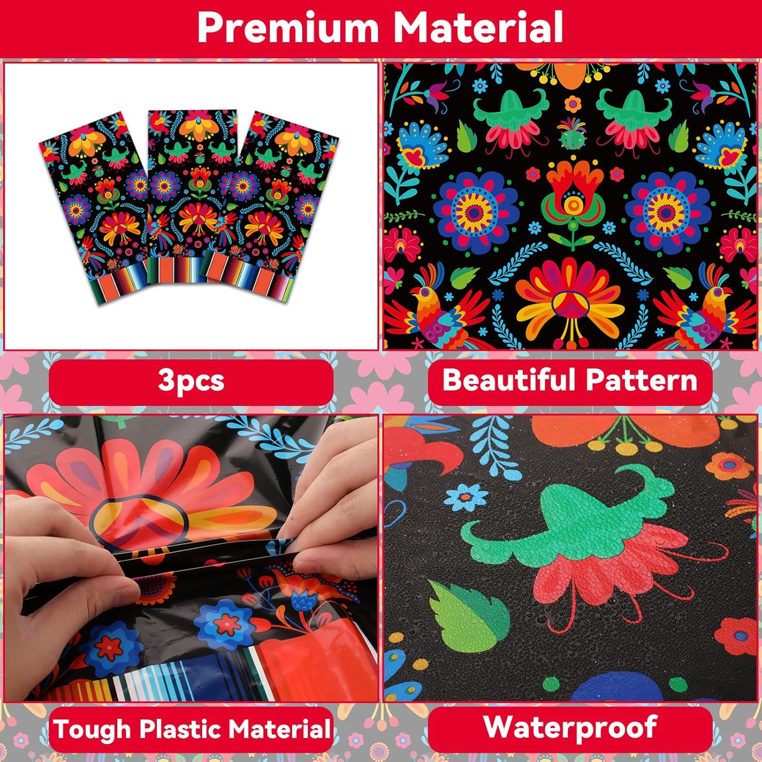 3 Pcs Mexican Fiesta Tablecloth Decorations, 108" x 54" Plastic Cinco De Mayo Table Cloth Dia De Los Muertos Table Cover Day of The Dead Decor for Taco Night Festive Mexico Colorful Ponchos Supplies - Image 3
