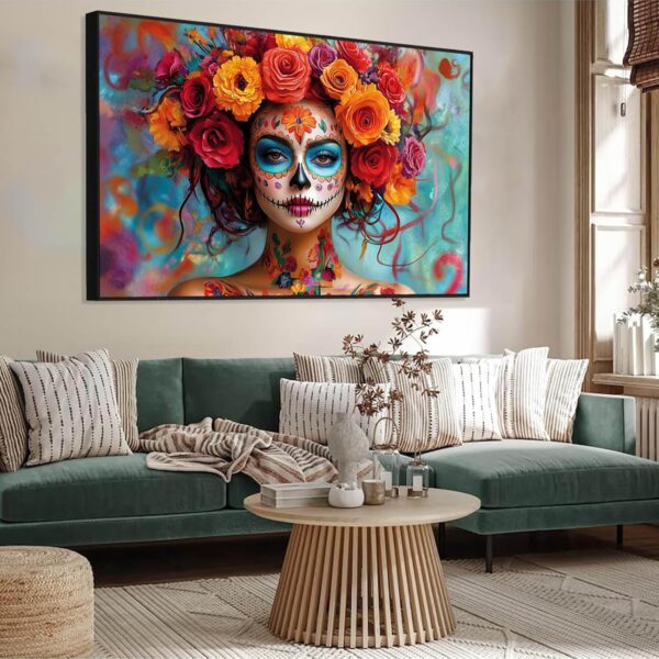 Day of The Dead Canvas Print, Dia De Los Muertos Canvas Wall Art, Woman in Calavera Makeup Art, Sugar Skull Witch Print, Dia De Los Muertos Picture Wall Decor, Mexican Dia De Los Muertos (Black Framed, 36"x24"|92x62cm) - Image 2