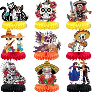 Day of The Dead Decorations - 9 Pieces Dia De Los Muertos Honeycomb Table Toppers Cutouts Sugar Skull Flowers Centerpieces Day of The Dead Decor Mexican Party Supplies
