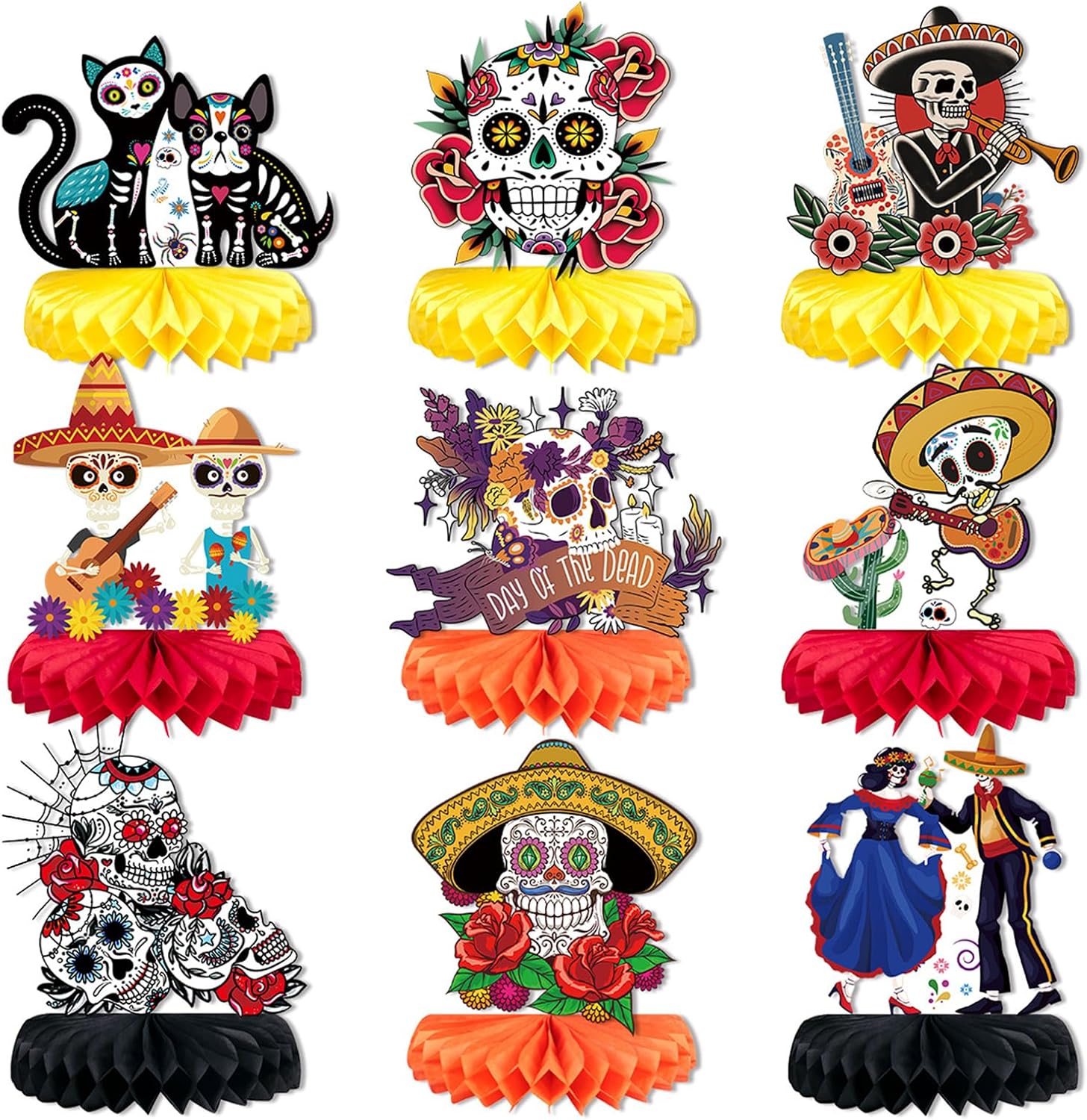 Day of The Dead Decorations - 9 Pieces Dia De Los Muertos Honeycomb Table Toppers Cutouts Sugar Skull Flowers Centerpieces Day of The Dead Decor Mexican Party Supplies
