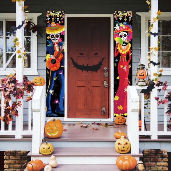 2PCS Day of The Dead Decorations, Dia De Muertos Decor Banner Mexican Dia De Los Muertos Porch Sign Decor Welcome Hanging Door Banner Mexican Party Decorations Outdoor Indoor 12 x 75 Inch - Image 6