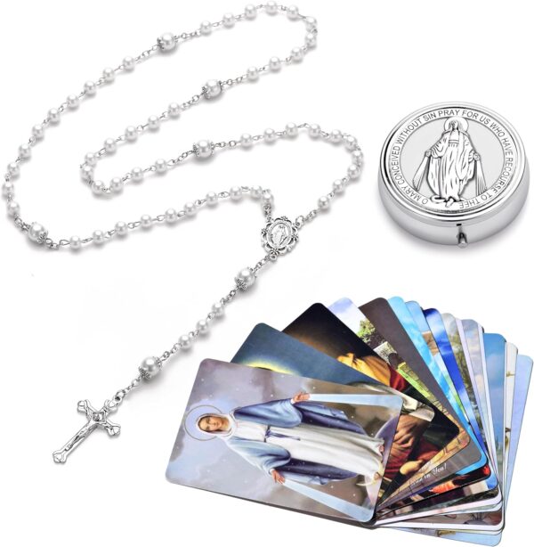 Rosary Beads Catholic for Women, Catholic Gifts, Glass Pearl Beads, Virgin Mary Medal - First Communion Rosary for Girls with Virgin Mary Miraculous Gift Box and 18pcs Prayer Cards - Image 6