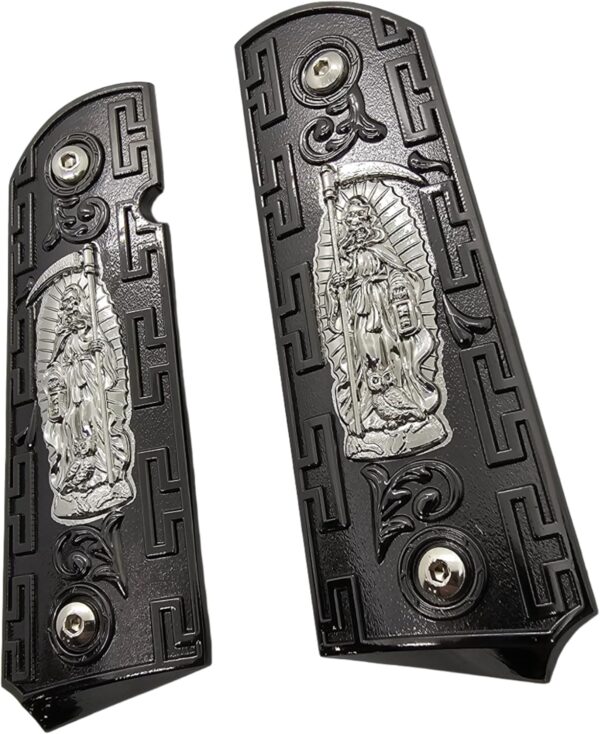 1911 Full-Size Metal Grips with Ambi Safety Cut - Santa Muerte Black and Silver Design, Intricate Patterns, Fits 1911 Government/Commander Models - Image 5