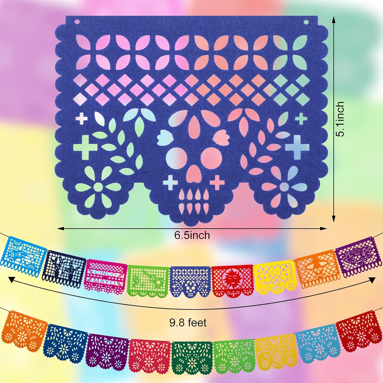 7 Pack Papel Picado Banner Mexican Party Fiesta Flag Cinco De Mayo Theme Party Decorations Day of The Dead Felt Garland Dia De Los Muertos Decor for Mexican Birthday Party Supplies, 68.6 ft Total - Image 2