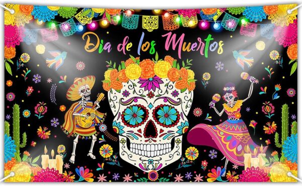 Mocsicka Day of The Dead Banner Mexican Dia DE Los Muertos Backdrop Sugar Skull Tombstone Fiesta Marigold Carnival Dress-up Day of The Dead Party Decorations Photo Booth Props - Image 2
