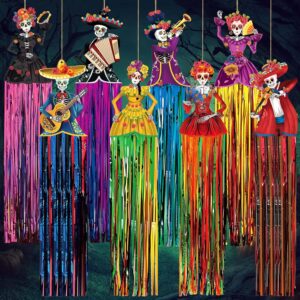 8 Pcs Day of The Dead Sugar Skull Hanging Decorations Outdoor Dia De Los Muertos Party Decorations with Tassels Mexican Day of The Dead Halloween Decor with Glue Points