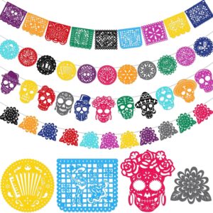 HOWAF 42pcs Day of The Dead Papel Picado Banner, Felt Dia De Los Muertos Sugar Skull Marigold Hanging Garland for Mexican Dia de Los Muertos Altar Decor, Colorful Cinco De Mayo Flag Banner