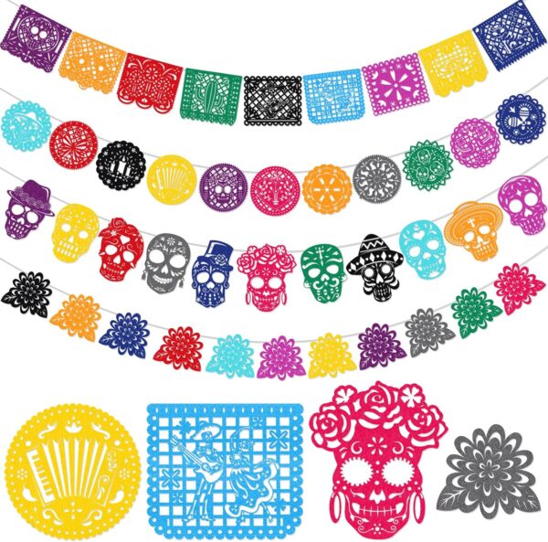 HOWAF 42pcs Day of The Dead Papel Picado Banner, Felt Dia De Los Muertos Sugar Skull Marigold Hanging Garland for Mexican Dia de Los Muertos Altar Decor, Colorful Cinco De Mayo Flag Banner