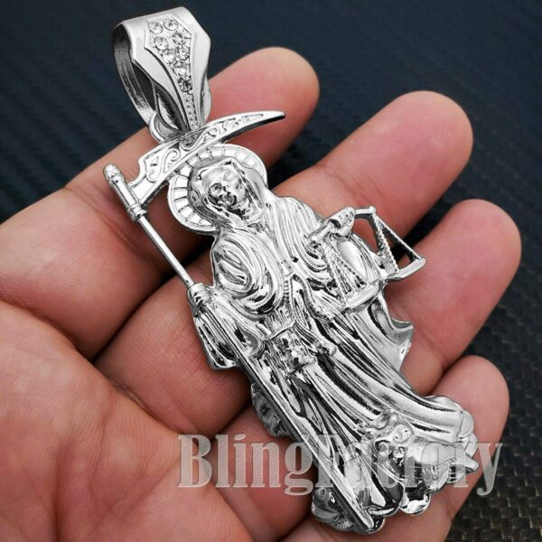 Hip Hop White Gold PT Saint Death Santa Muerte Pendant & 16" 18" 20" Iced Cuban Choker Chain Necklace - Image 4