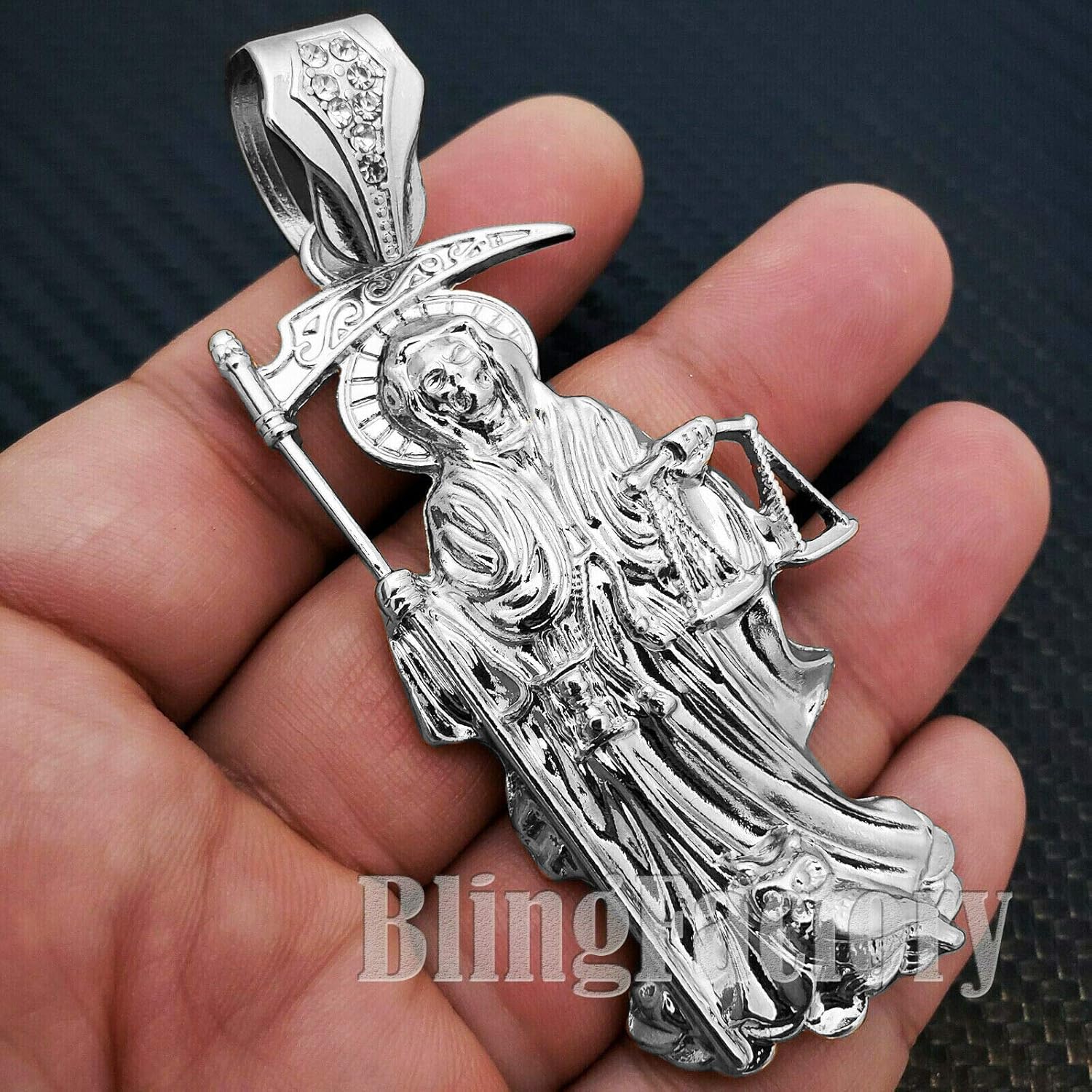 Hip Hop White Gold PT Saint Death Santa Muerte Pendant & 16" 18" 20" Iced Cuban Choker Chain Necklace - Image 4