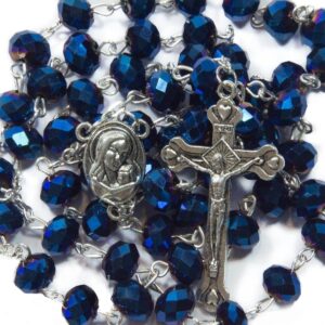 Nazareth Store Deep Blue Crystal Beads Rosary Catholic Necklace Holy Soil Medal Cross Crucifix Velvet Bag