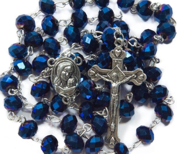 Nazareth Store Deep Blue Crystal Beads Rosary Catholic Necklace Holy Soil Medal Cross Crucifix Velvet Bag
