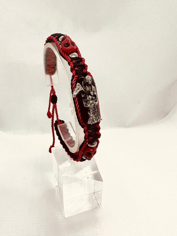 Pulsera de Santa Muerte metal Plateada e imagen Santa muerte roja doble tejido Bk/Rd - Image 4