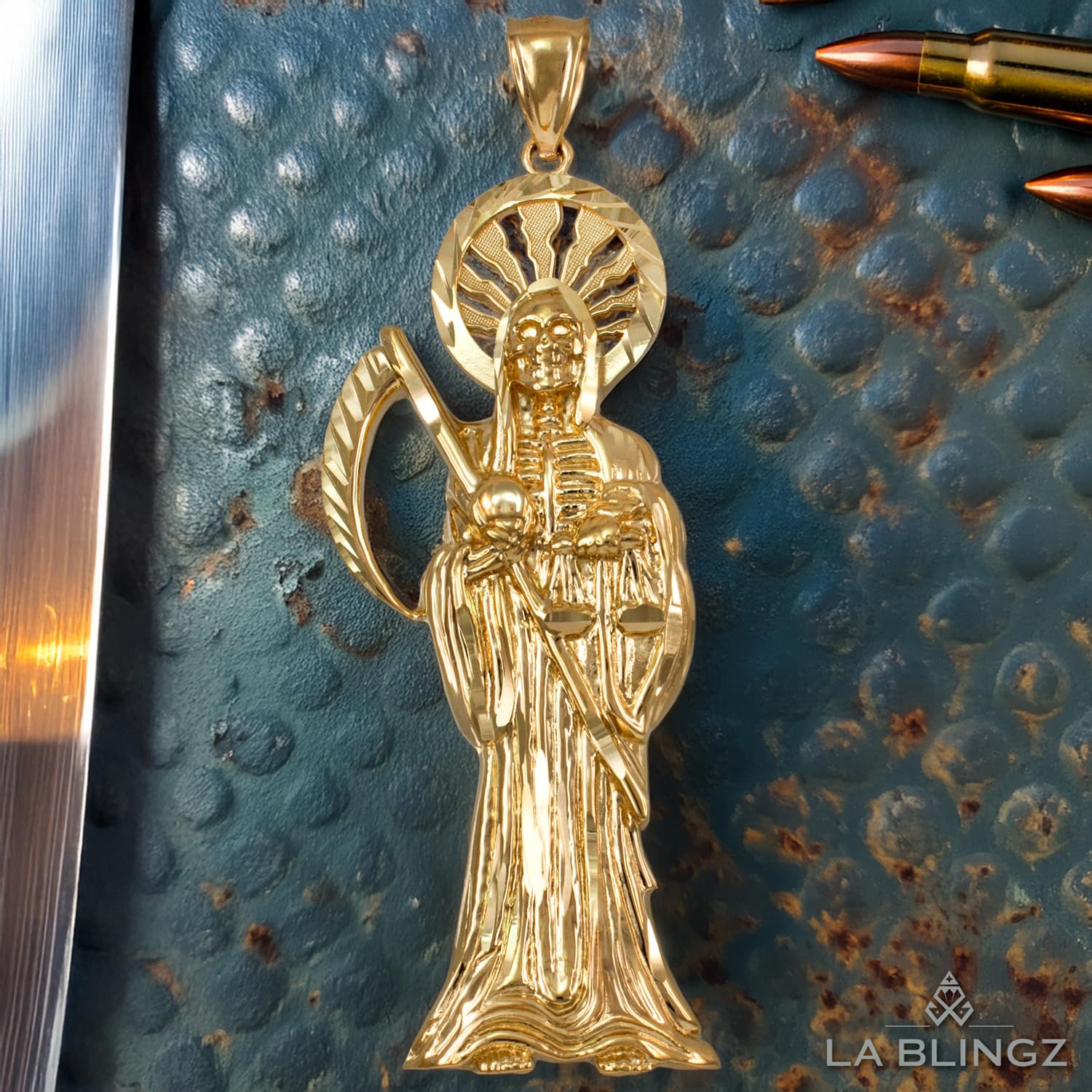 LA BLINGZ 14K Yellow Gold Santa Muerte DC Pendant - Image 5