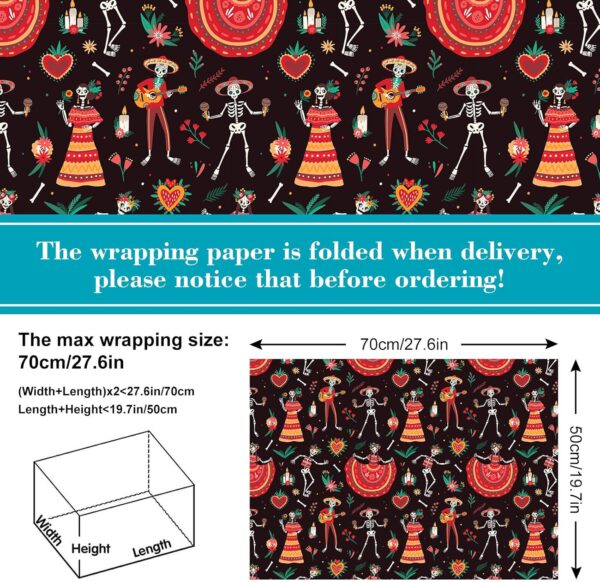 JarThenaAMCS 8 Sheet Day of the Dead Wrapping Paper - Not Roll- Mexican Skull Floral Gift Wrap Paper Folded Flat Dia De Los Muertos Art Paper for DIY Crafts, 19.7 x 27.6 Inch - Image 2