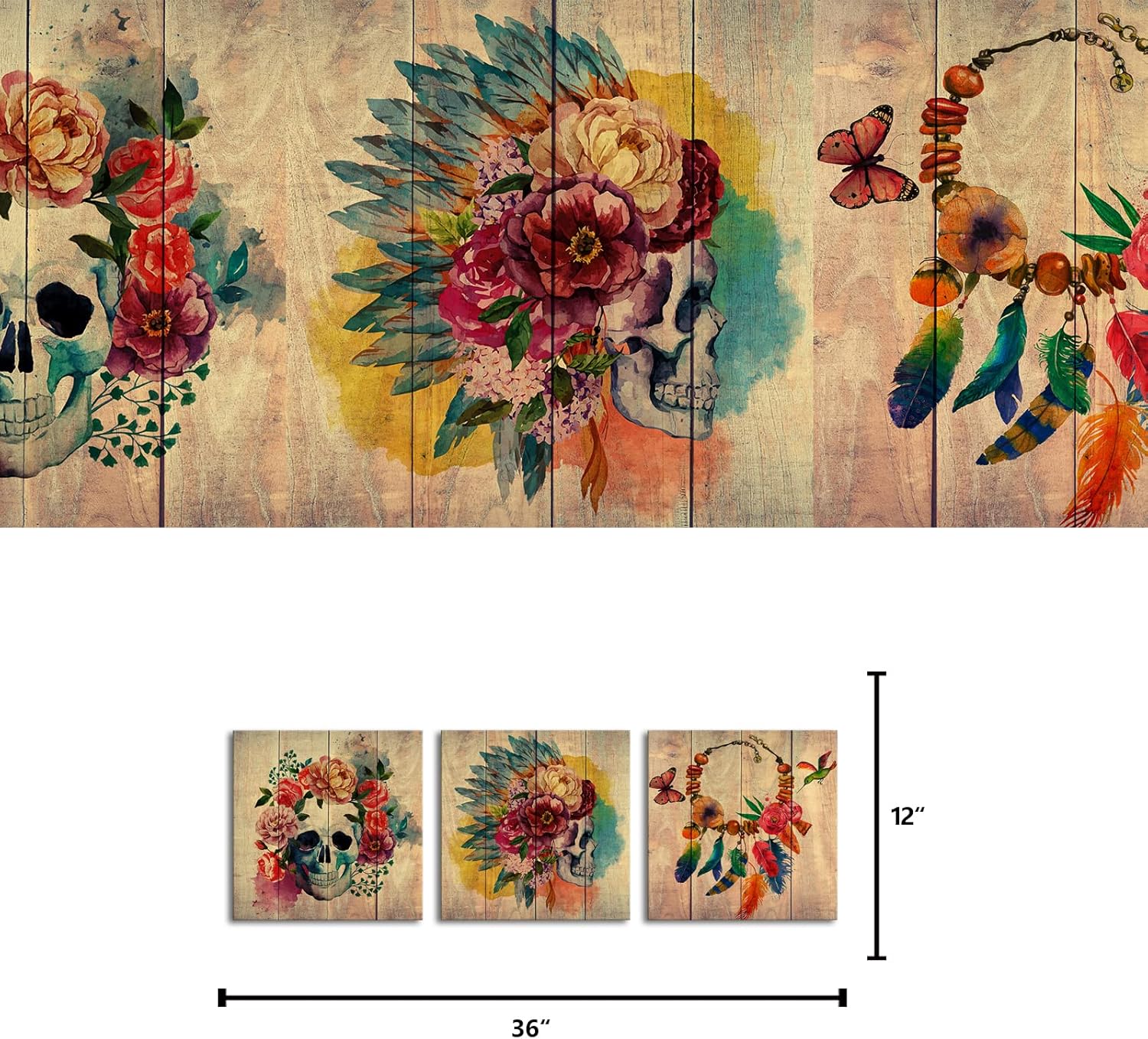 Visual Art Decor Skull Canvas Wall Art Sugar Skull Painting Wall Decor Framed Artwork Halloween Decor, 12x12inchx3Pieces - Image 5