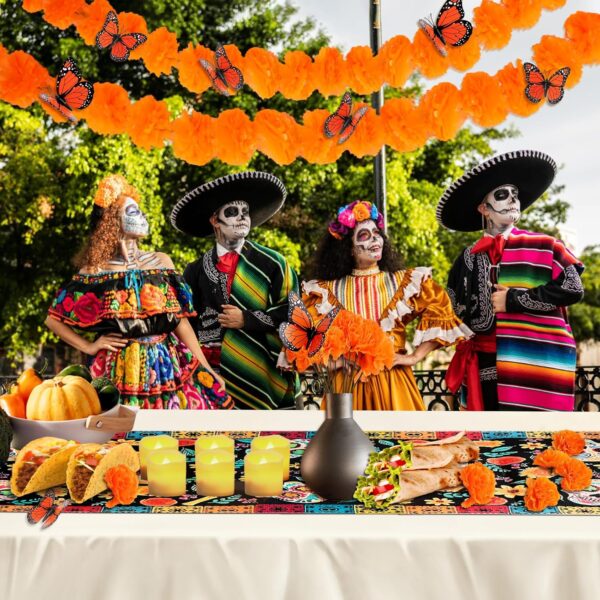 83pcs Dia De Los Muertos Decorations Ofrenda Kit - Day of the Dead Altar Decor Set,2 Marigold Garland 30 Marigold Flowers & Stems,Table Runner,12 Monarch Butterfly 6 Candle (table runner-Skull) - Image 6