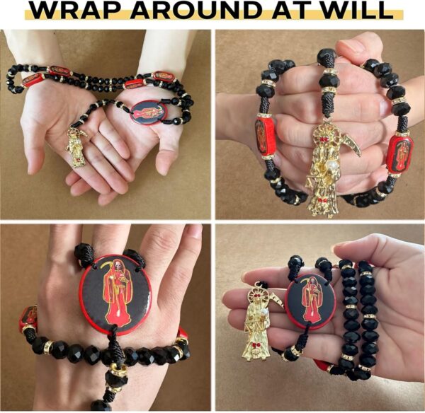 BONITTER Black Holy Death's Necklace Wooden Santa Muerte Necklace Red Rosaries Beads Blessing Crafted Rosario de la santa muerte Prayer Gift For Women Men - Image 4