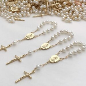 25 Gold Plated Mini Rosary for Baptism Favors in ivory color Faux pearls, recuerdos de bautizo color Beige, christening Favors off white color Gold plated, communion favors, wedding mini rosaries