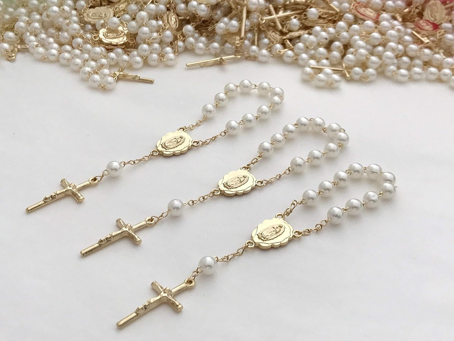 25 Gold Plated Mini Rosary for Baptism Favors in ivory color Faux pearls, recuerdos de bautizo color Beige, christening Favors off white color Gold plated, communion favors, wedding mini rosaries