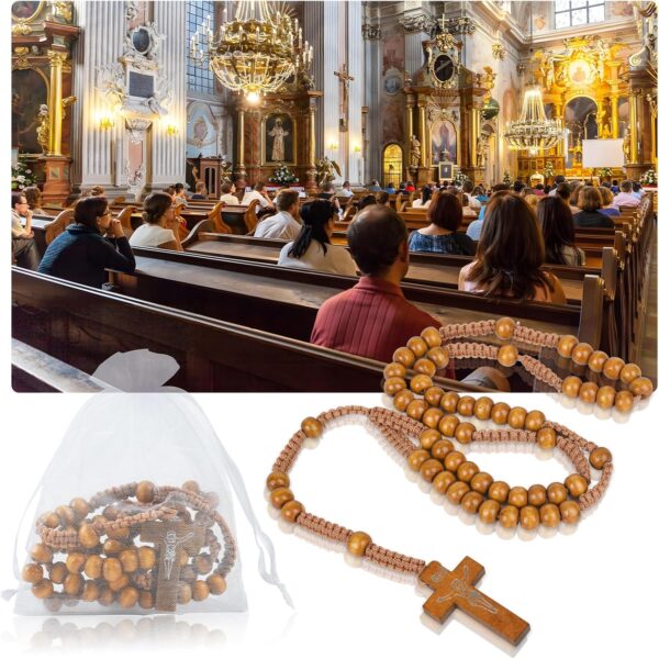 60 Set Wooden Rosary Beads Bulk Wood Catholic Rosaries with Jesus Holy Cross First Communion Wood Carved Rosary with Organza Bags Religious Rosary Catholic Baptism Church Present for Men Women - Image 5