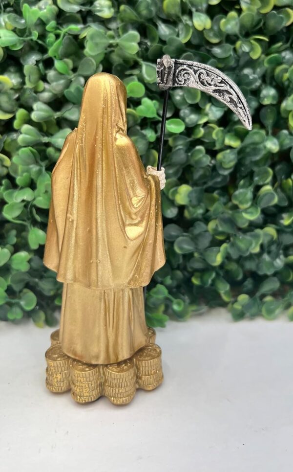 Santa Muerte Holding Scythe in Gold Robe Statue 5.5" Inch Skull,Skeleton - Image 4