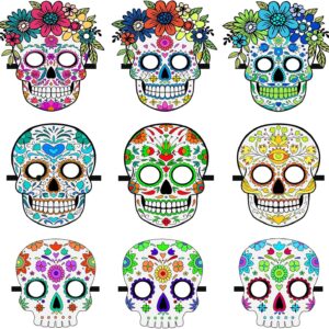 Day of the Dead Felt Masks for Adults, 9 Pack Dia de Los Muertos Skull Masks Floral Sugar Skull Masks, Adjustable Halloween Masks Dia De Los Muertos Decorations for Halloween Cosplay