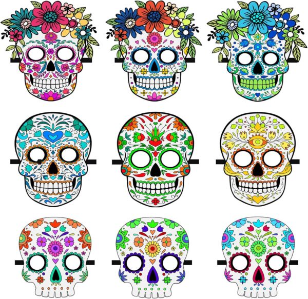 Day of the Dead Felt Masks for Adults, 9 Pack Dia de Los Muertos Skull Masks Floral Sugar Skull Masks, Adjustable Halloween Masks Dia De Los Muertos Decorations for Halloween Cosplay