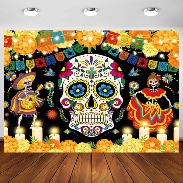 InMemory Day of The Dead Backdrop Mexican Fiesta Sugar Skull Marigold Paper Cutting Dia de Los Muertos Carnival Dress-Up Party Decoration Banner Cake Table Photo Booth Photography Background 7x5ft - Image 5