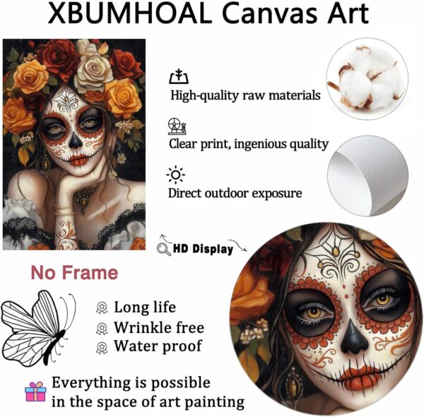 Sugar Skull Girl Wall Art Halloween Themed Prints Ghost Portrait Canvas Dark Academia Painting Mexican Skeleton Poster Witch Halloween Pictures Dark Moody Artwork Sugar Skull Wall Art 16x24in No Frame - Image 5