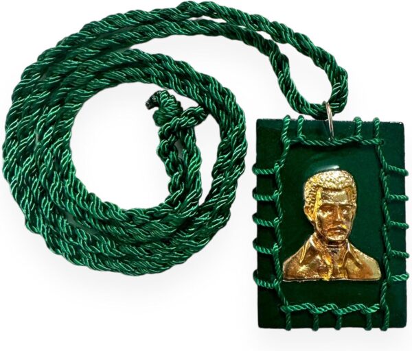 GCK Jesus Malverde Green Wood Scapular Necklace Reversible Gold Plated Charm Escapulario Verde Madera Collar - Image 3