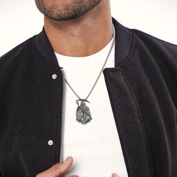 HZMAN Santa Muerte Necklace for Men Stainless Steel Gothic Grim Reaper Saint Death Sickle Skull Pendant Necklace Jewelry Gift - Image 3