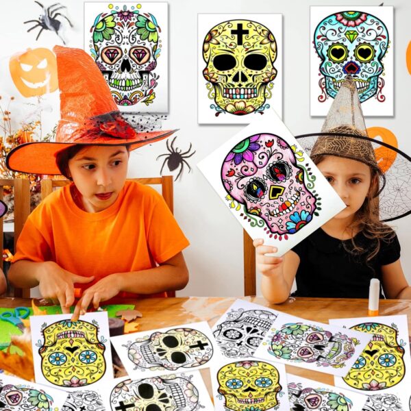 32 Pieces Day of The Dead Coloring Posters Sugar Skull Paper Coloring Poster for Kids or Adults Halloween and Dia De Los Muertos Craft Painting Activity - Image 7