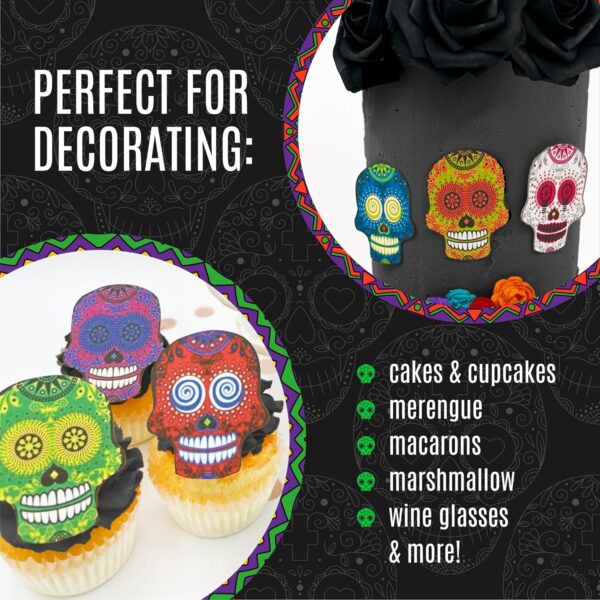 Large Edible Sugar Skulls Assorted Set of 12 - Wafer Cake & Cupcake Toppers - edible sugar skulls for cake decorating - Dia De Los Muertos & Halloween cupcake toppers - Image 4